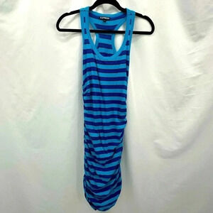 Express Womens Racerback Dress Small Blue Black Stripe Long Side Gathers